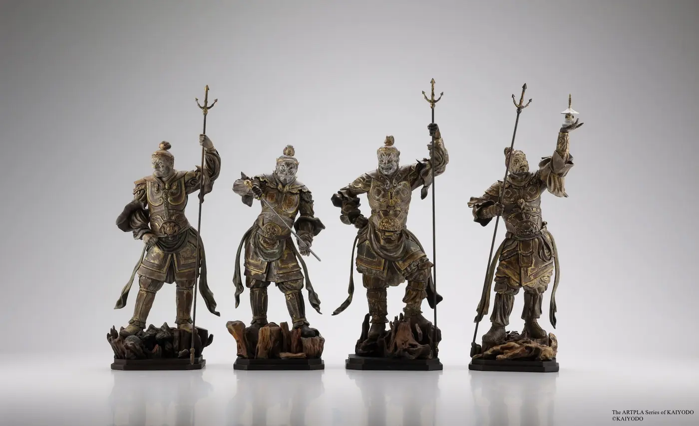 Four painted ARTPLA Four Heavenly Kings figures displayed together