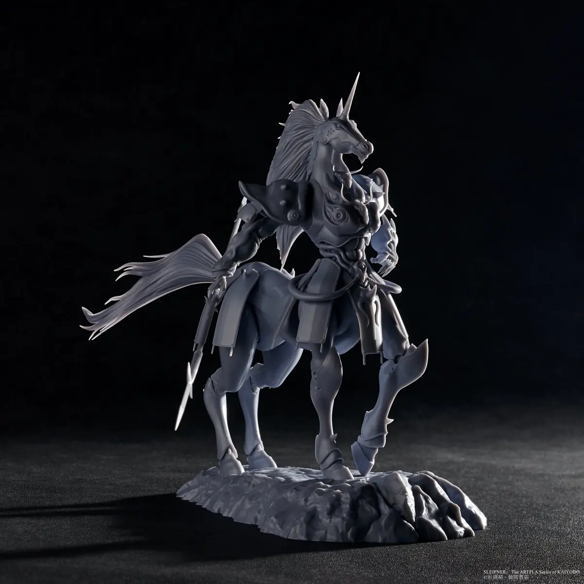 Complete single-color KAIYODO ARTPLA Sleipnir model assembled on its textured display base